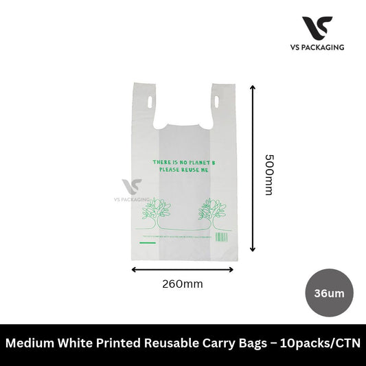 Medium White Printed Reusable Carry Bags – 10packs/CTN VS Packaging