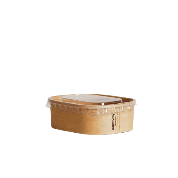 Paperway PET Lids for Mini Kraft Rectangular Containers – clear, leak-resistant food-grade PET lids for 150 ml and 250 ml Papeway containers, 500 per carton.
