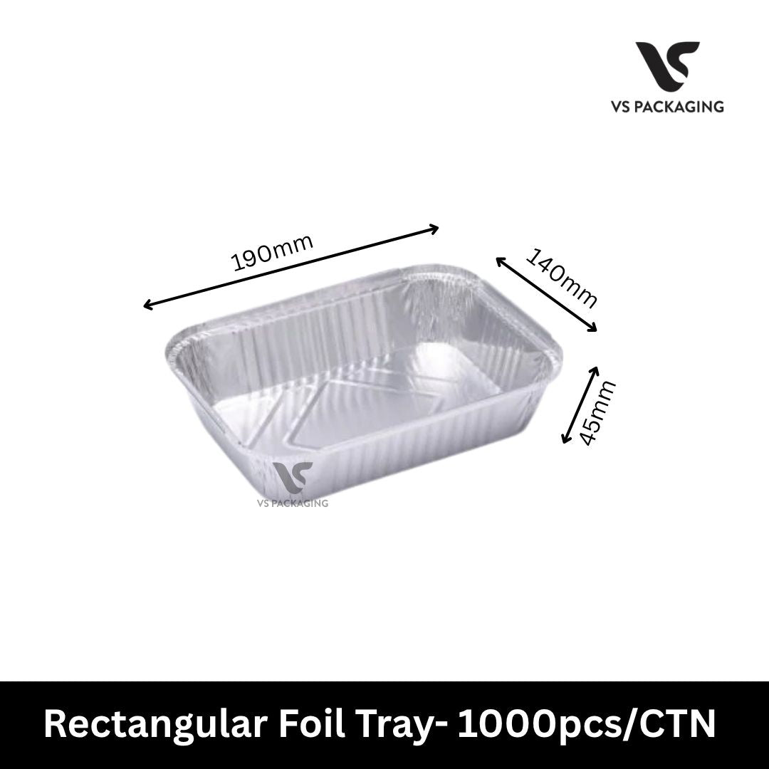 A silver aluminum foil tray with dimension arrows showing 190mm length, 140mm width, and 45mm depth, on a white background with VS Packaging branding and a black text footer.