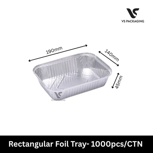 A silver aluminum foil tray with dimension arrows showing 190mm length, 140mm width, and 45mm depth, on a white background with VS Packaging branding and a black text footer.