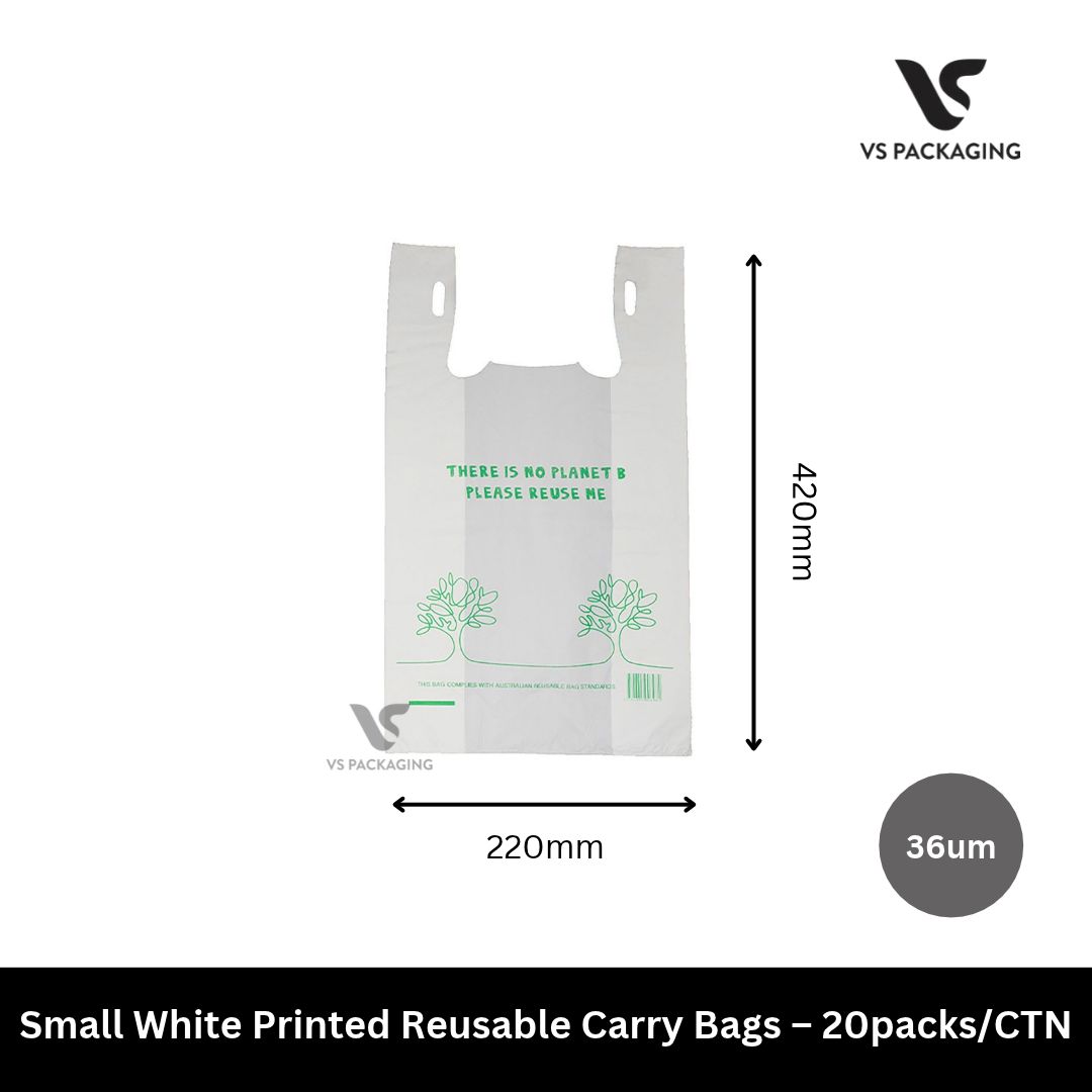 Small White Printed Reusable Carry Bags – 20packs/CTN VS Packaging