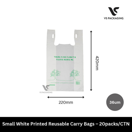 Small White Printed Reusable Carry Bags – 20packs/CTN VS Packaging