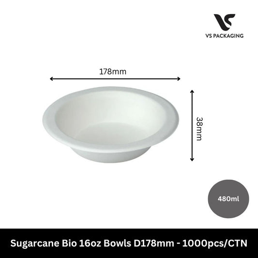 Sugarcane Bio 16oz Bowls D178mm - 1000pcs/CTN VS Packaging