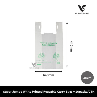 Super Jumbo White Printed Reusable Carry Bags – 10packs/CTN VS Packaging