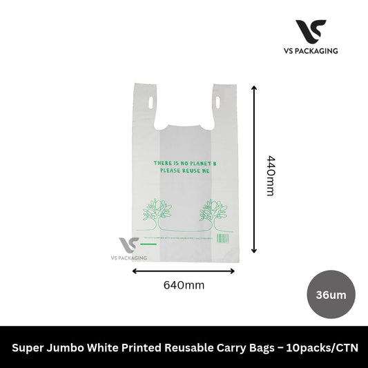 Super Jumbo White Printed Reusable Carry Bags – 10packs/CTN VS Packaging