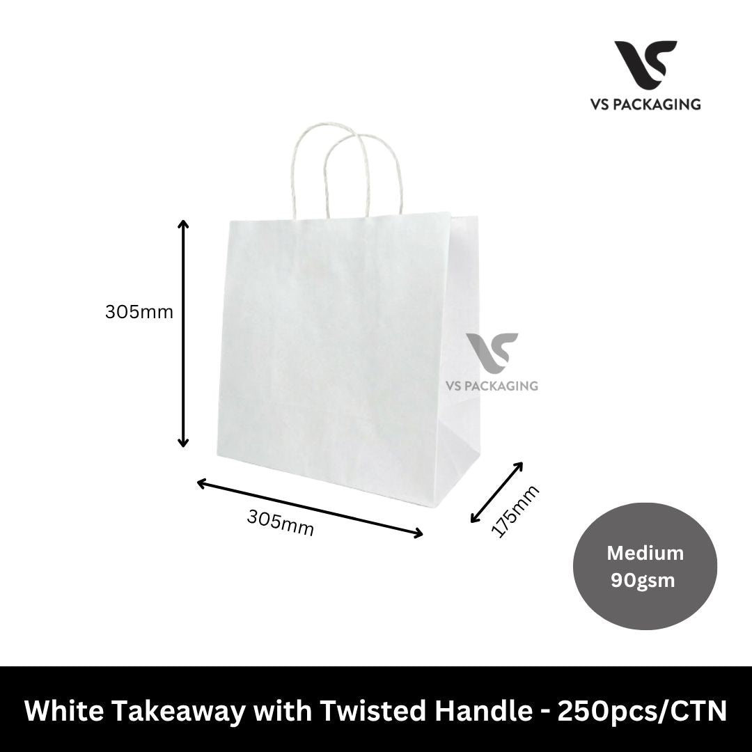 White Takeaway / Uber Paper Bag with Twisted Handle 305x305x175mm Medium 90gsm - 250pcs/CTN VS Packaging