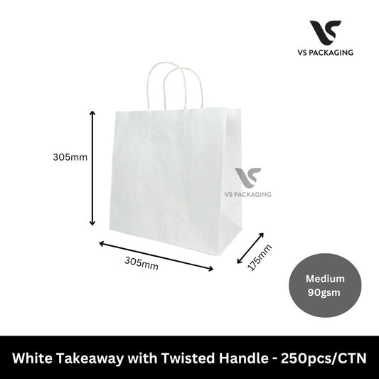 White Takeaway / Uber Paper Bag with Twisted Handle 305x305x175mm Medium 90gsm - 250pcs/CTN VS Packaging