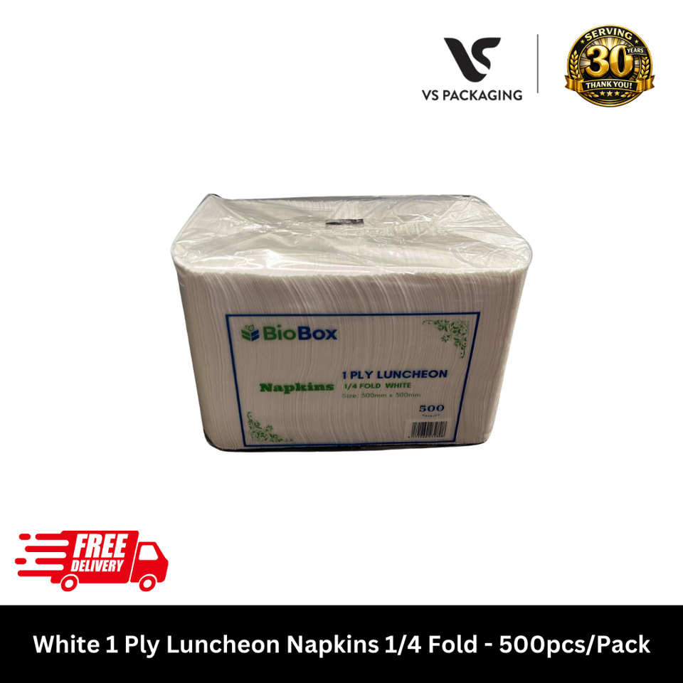 1 Ply Biobox White 1/4 Fold Luncheon Napkins – 3000pcs/CTN VS Packaging
